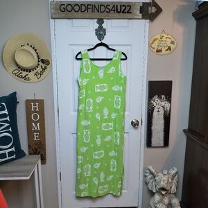 Vintage Cotton Connection Green Beachy Fish Print Casual Lounge Maxi Dress sz S